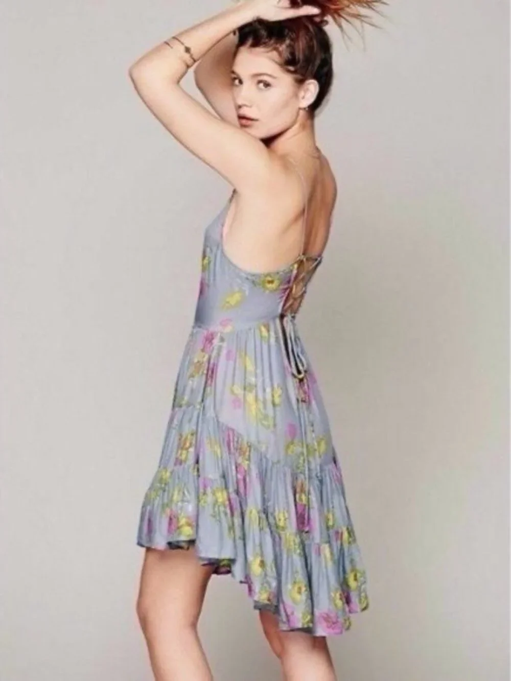 Free People Floral Strappy Lace Up Back Ruffle Hem Mini Dress S| Balletcore Boho - Picture 12 of 16